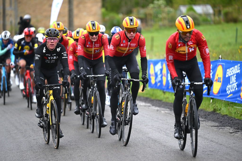 HUY BELGIUM APRIL 17 LR Johannes StauneMittet of Norway and Team Visma Lease a Bikeèand Tobias Halland Johannessen of Norway and Team UnoX Mobility compete in the chase group during the 88th La Fleche Wallonne 2024 Mens Elite a 1986km one day race from Charleroi to Huy UCIWT on April 17 2024 in Huy Belgium Photo by Dario BelingheriGetty Images