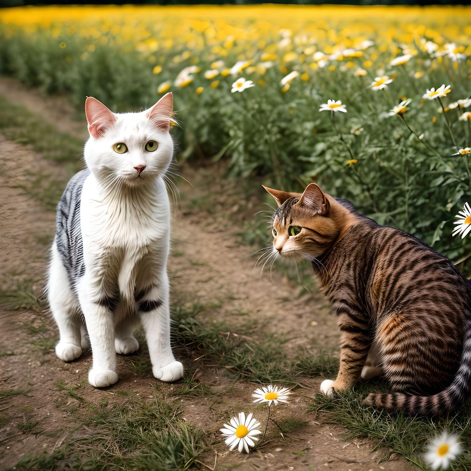 AI generated image of cat picking daisies