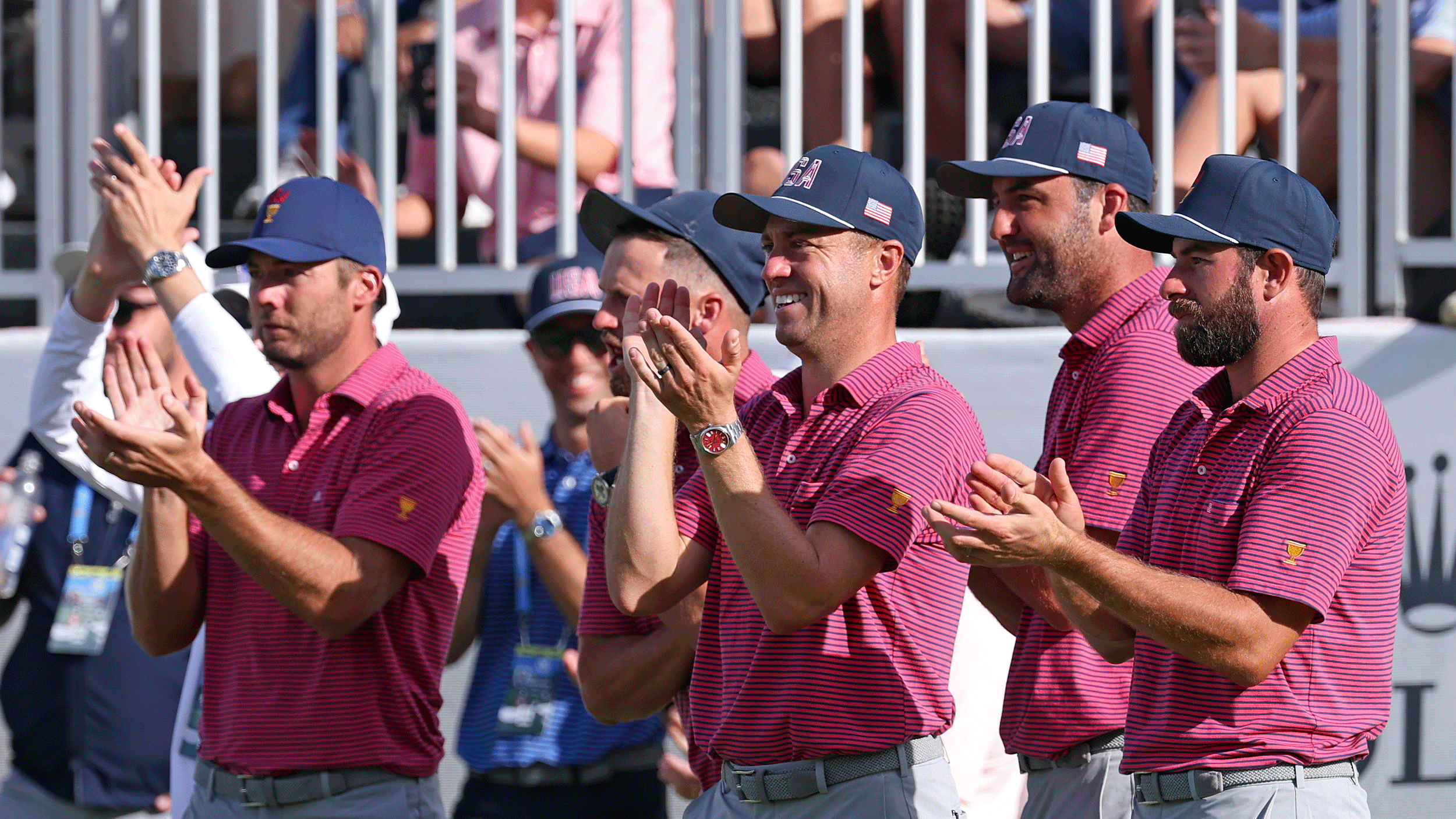 Sam Burns, Justin Thomas, Scottie Scheffler and Cameron Young applaud as the US Team fight back at the 2026 Presidents Cup