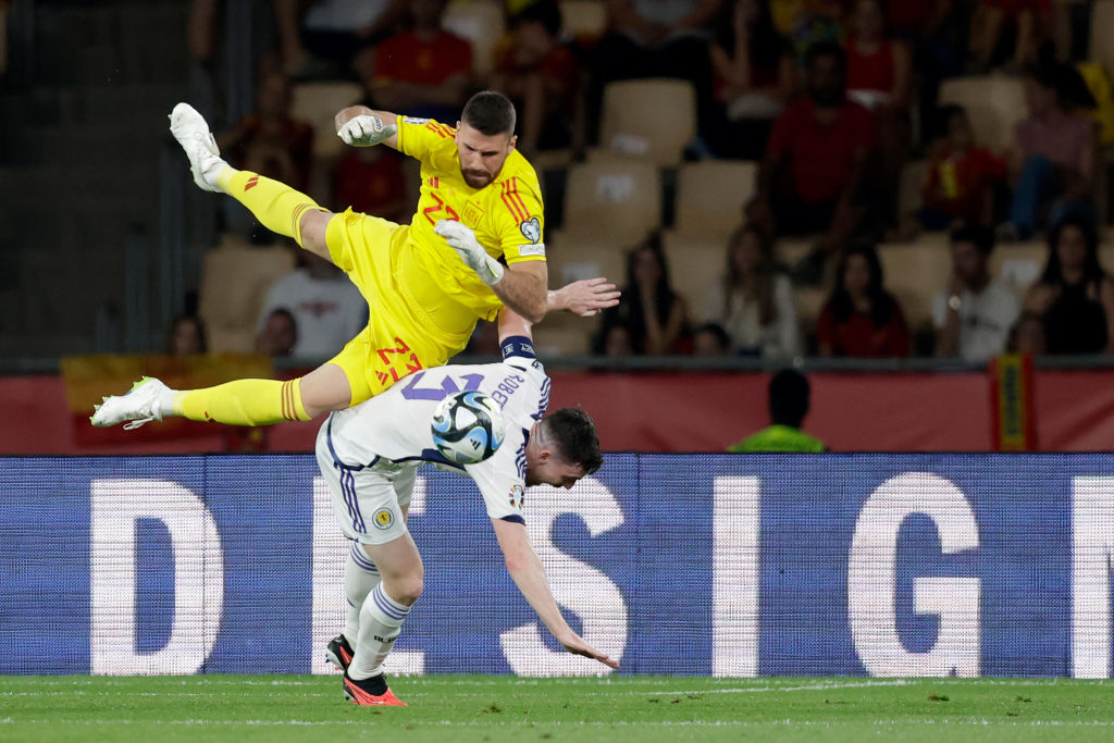 Liverpool Andy Robertson of Scotland injures during the UEFA EURO 2024 European qualifier match between Spain and Scotland at Estadio de La Cartuja on October 12, 2023 in Seville, Spain. (Photo by Florencia Tan Jun/Getty Images)
