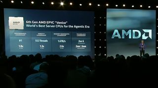 AMD's Dr. Lisa Su on stage at the Advancing AI 2026 event, giving a keynote, discussing Zen 6 AMD Epyc Venice.