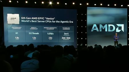 AMD's Dr. Lisa Su on stage at the Advancing AI 2026 event, giving a keynote, discussing Zen 6 AMD Epyc Venice.