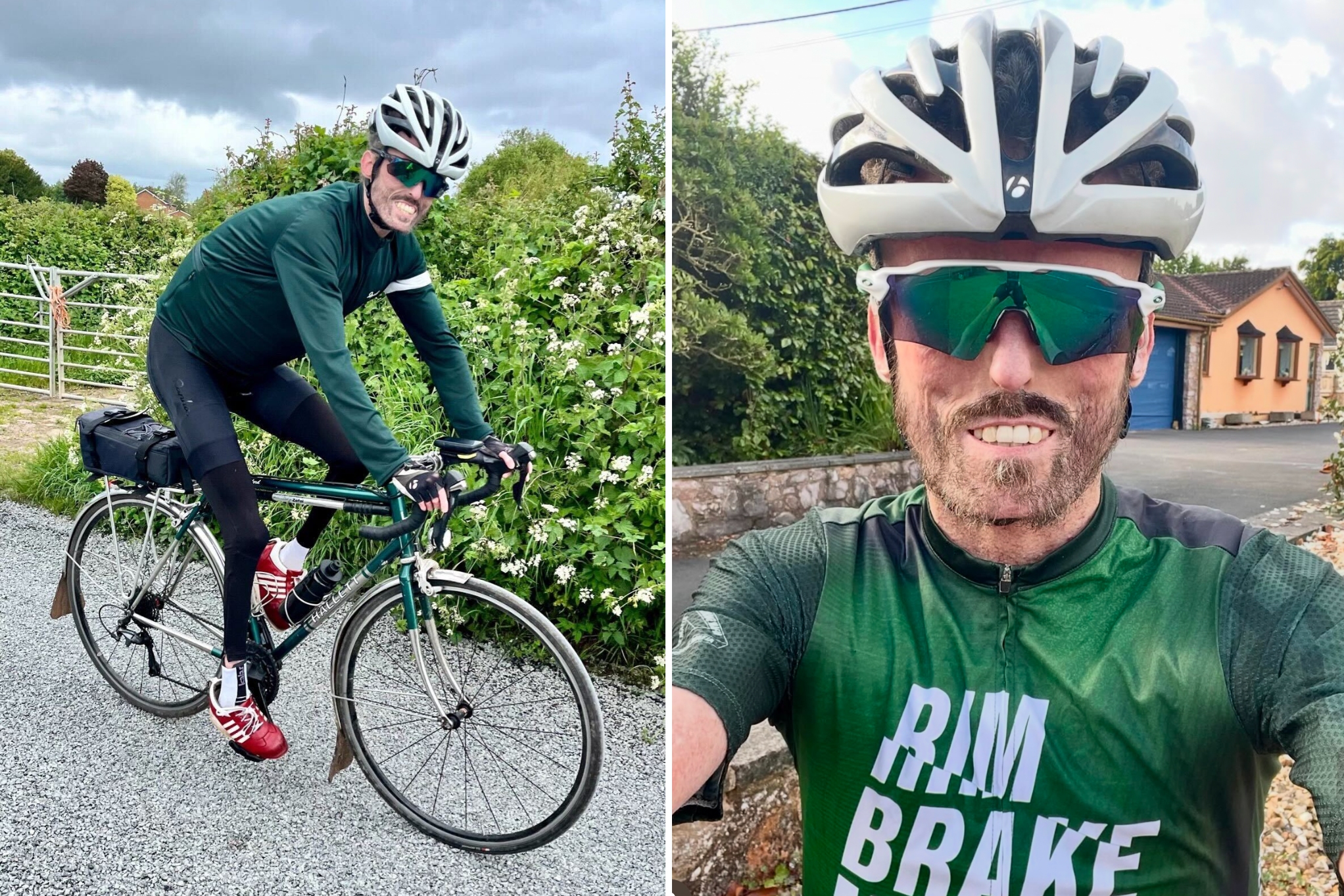 Side-by-side images of Tom Staniford riding a bike earing a green jersey