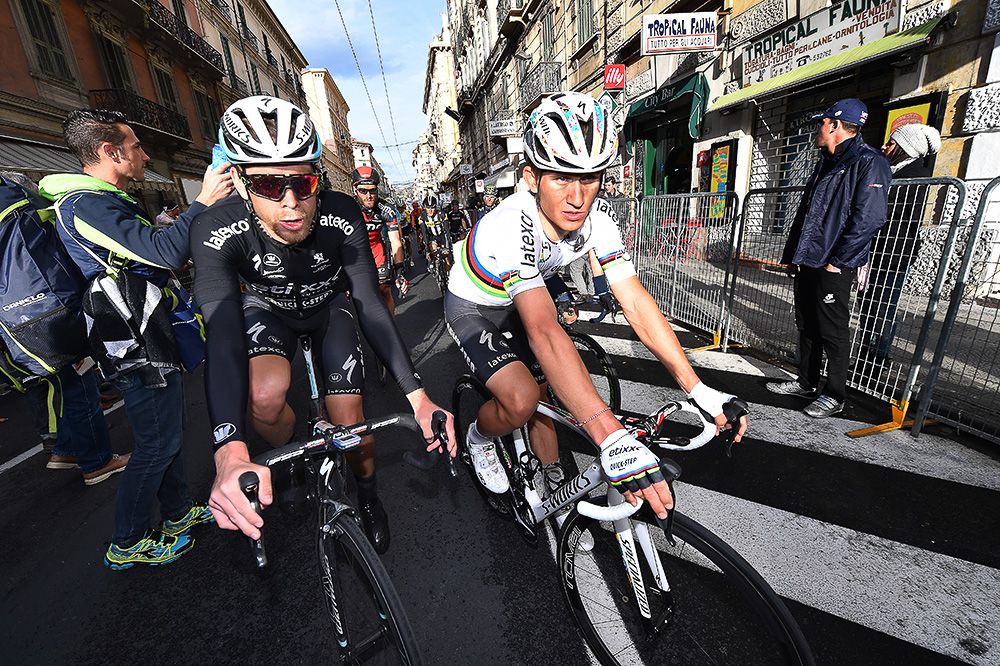 Michal Kwiatkowski crashed coming off the Poggio.
