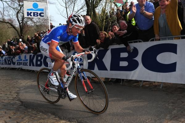 Thomas Voeckler was very aggresive all day. Here he is on the Kemmelberg.