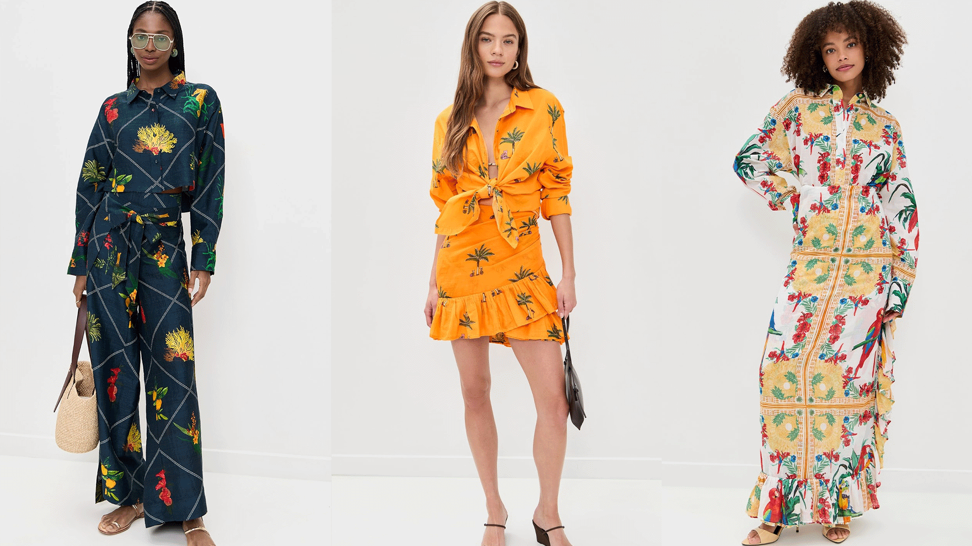 models wear new collection from coniglio palm beach. one model wears yellow mini skirt set. one model wears deep blue pant set. one model wers yellow long-sleeve maxi skirt set. 