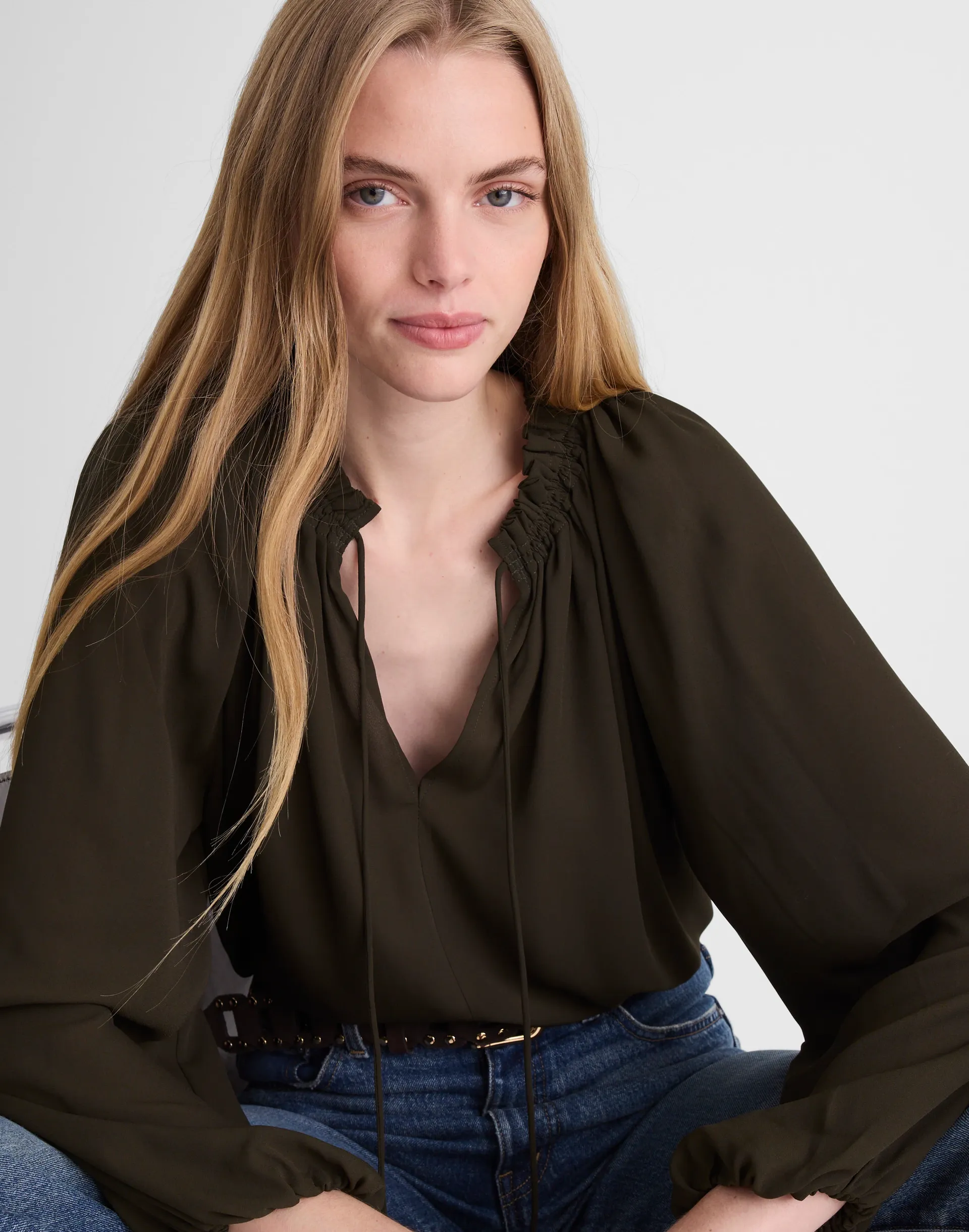 Long-Sleeve Tie-Neck Top