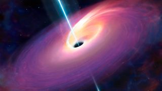 a bright white jet of light beaming out of a black hole surrounded by colorful gases
