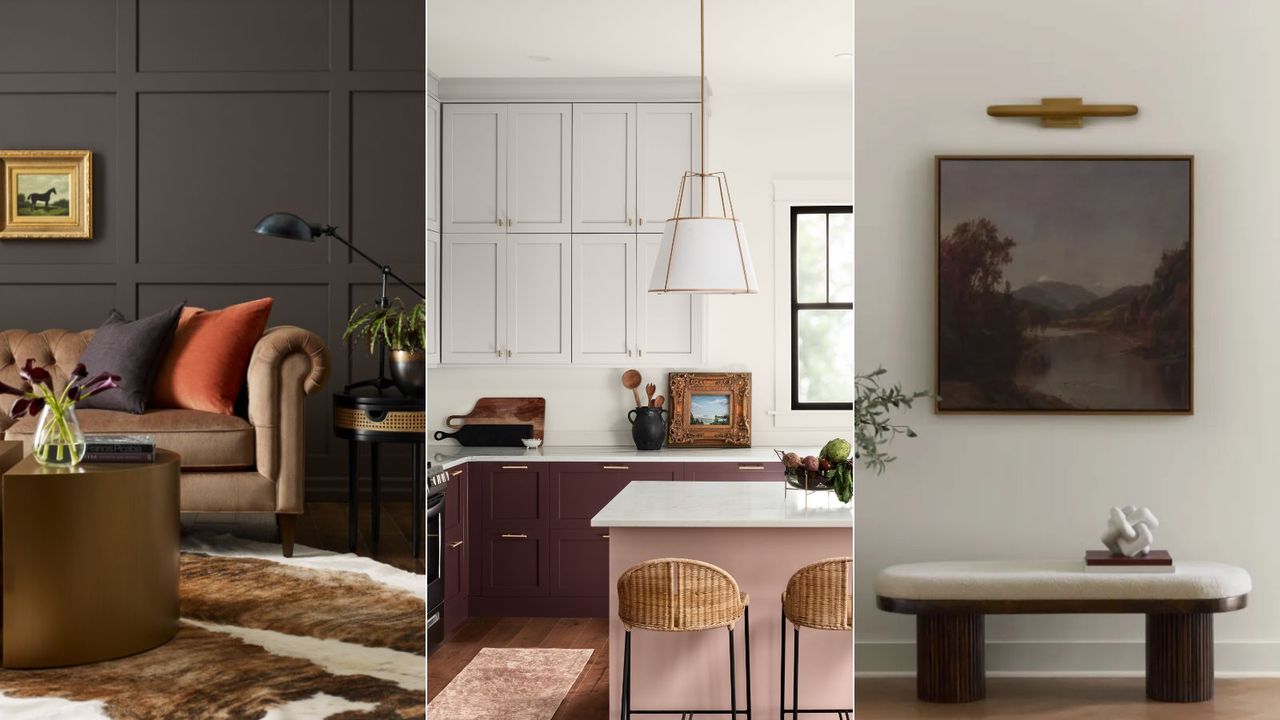 dark brown living room, white and burgundy kitchen, white wall with artwork and bench