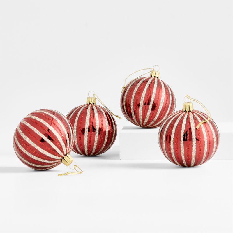 European Striped Red &amp;amp; Gold Glitter Ball Christmas Tree Ornament, Set of 4
