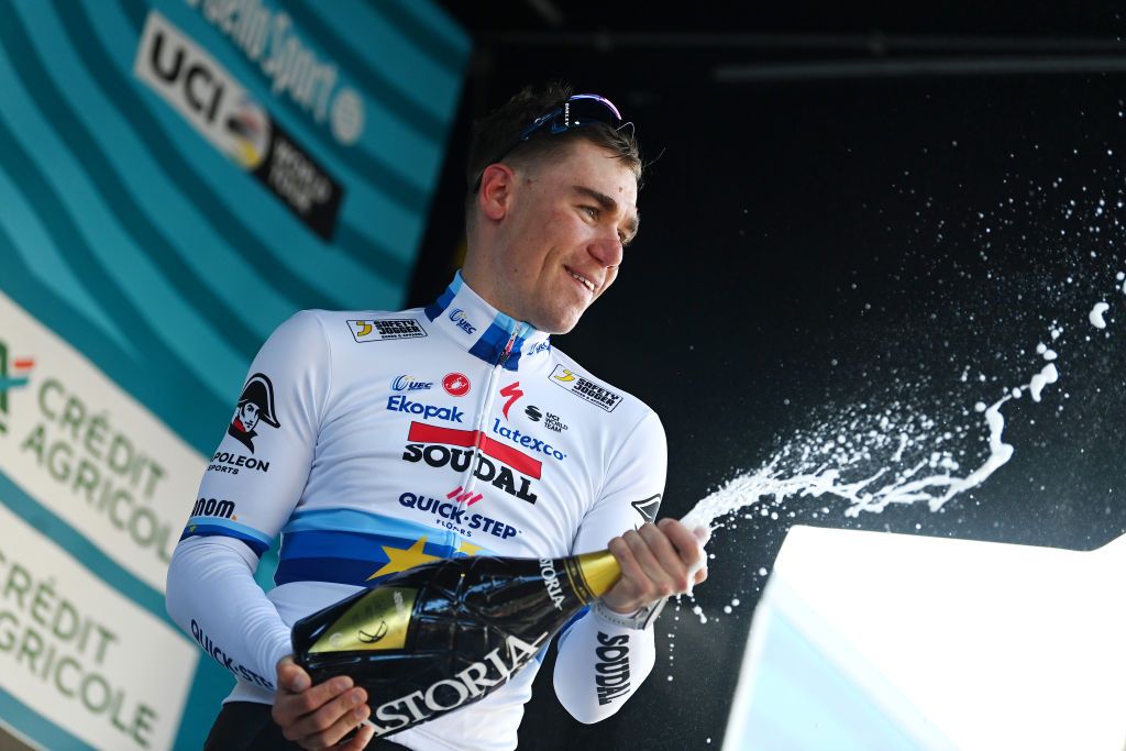 FOLLONICA ITALY MARCH 07 Fabio Jakobsen of The Netherlands and Team Soudal QuickStep celebrates at podium as stage winner during the 58th TirrenoAdriatico 2023 Stage 2 a 210km stage from Camaiore to Follonica TirrenoAdriatico on March 07 2023 in Follonica Italy Photo by Tim de WaeleGetty Images