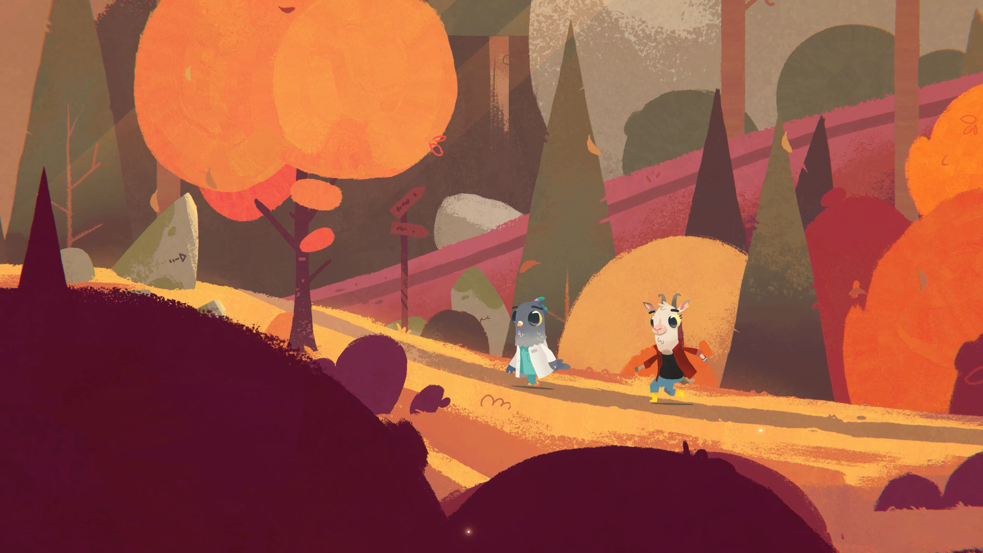 Two characters walking through an autumnal forest in Fall of Porcupine