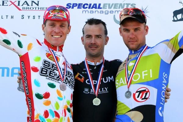 The day's podium: Charles Huff (Jelly Belly Pro Cycling p/b Kenda), Alexander Serebryakov (Team (Type 1 - Sanofi) and Ken Hanson (Team Optum p/b Kelly Benefit Strategies)