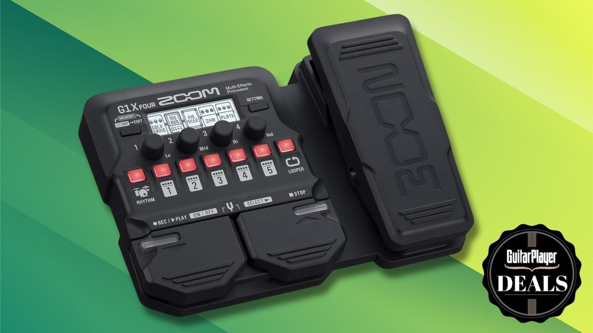 A Zoom G1X Four multi effects pedal on a green background