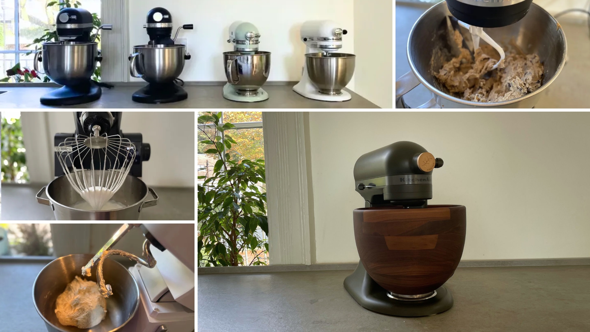 Images of the best stand mixers, including the KitchenAid Evergreen, KitchneAids lined up, a Bosch, and an Ooni