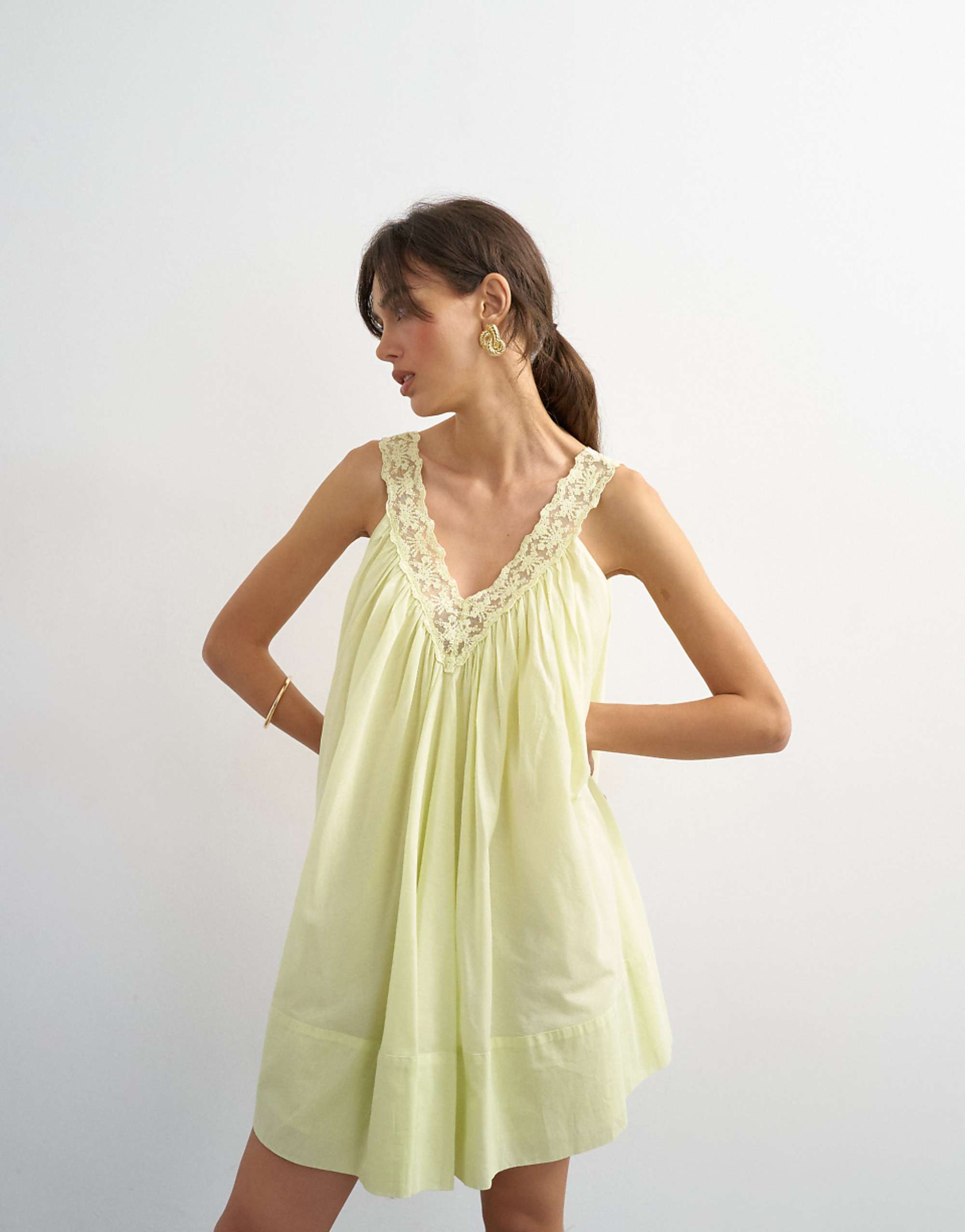 Topshop Cotton Deep V Lace Trapeze Mini Dress in Washed Lime