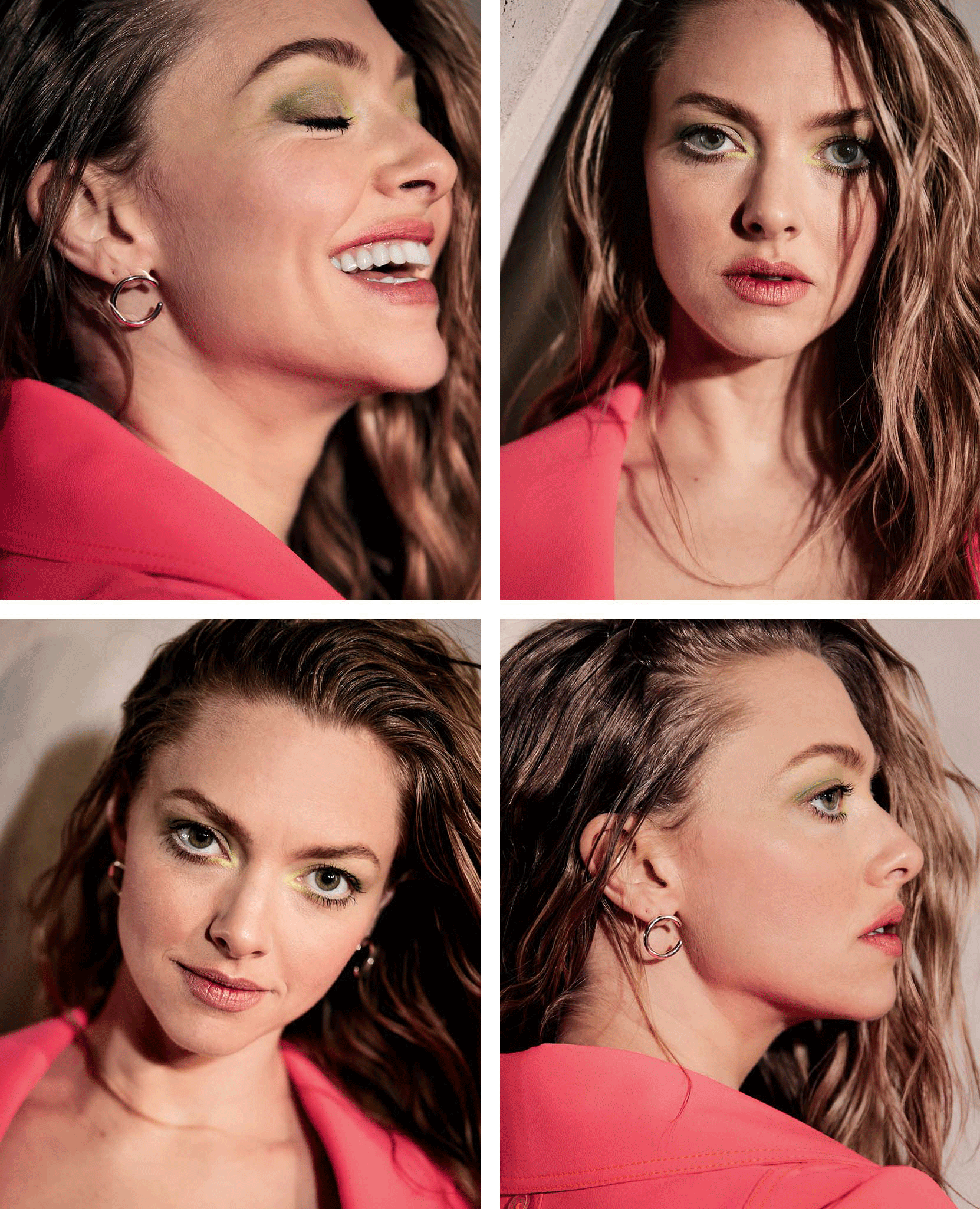 Amanda Seyfried laughing, smiling in motion