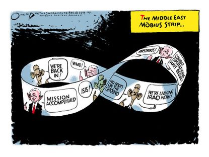 Political cartoon Obama Bush Middle East missions