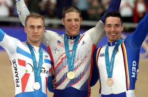 Marty Nothstein and the men's sprint podium: Florian Rousseau (L) and Jens Fiedler (R)