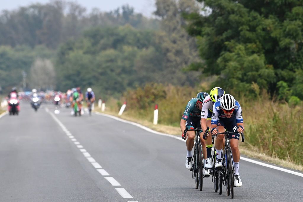 FAVRIA ITALY OCTOBER 05 LR Ide Schelling of The Netherlands and Team BORAHansgrohe Madis Mihkels of Estonia and Team IntermarcheCircusWanty and Louis Vervaeke of Belgium and Team Soudal QuickStep compete in the breakaway during the 107th Gran Piemonte 2023 a 152km one day race from Borgofranco dIvrea to Favria on October 05 2023 in Favria Italy Photo by Tim de WaeleGetty Images