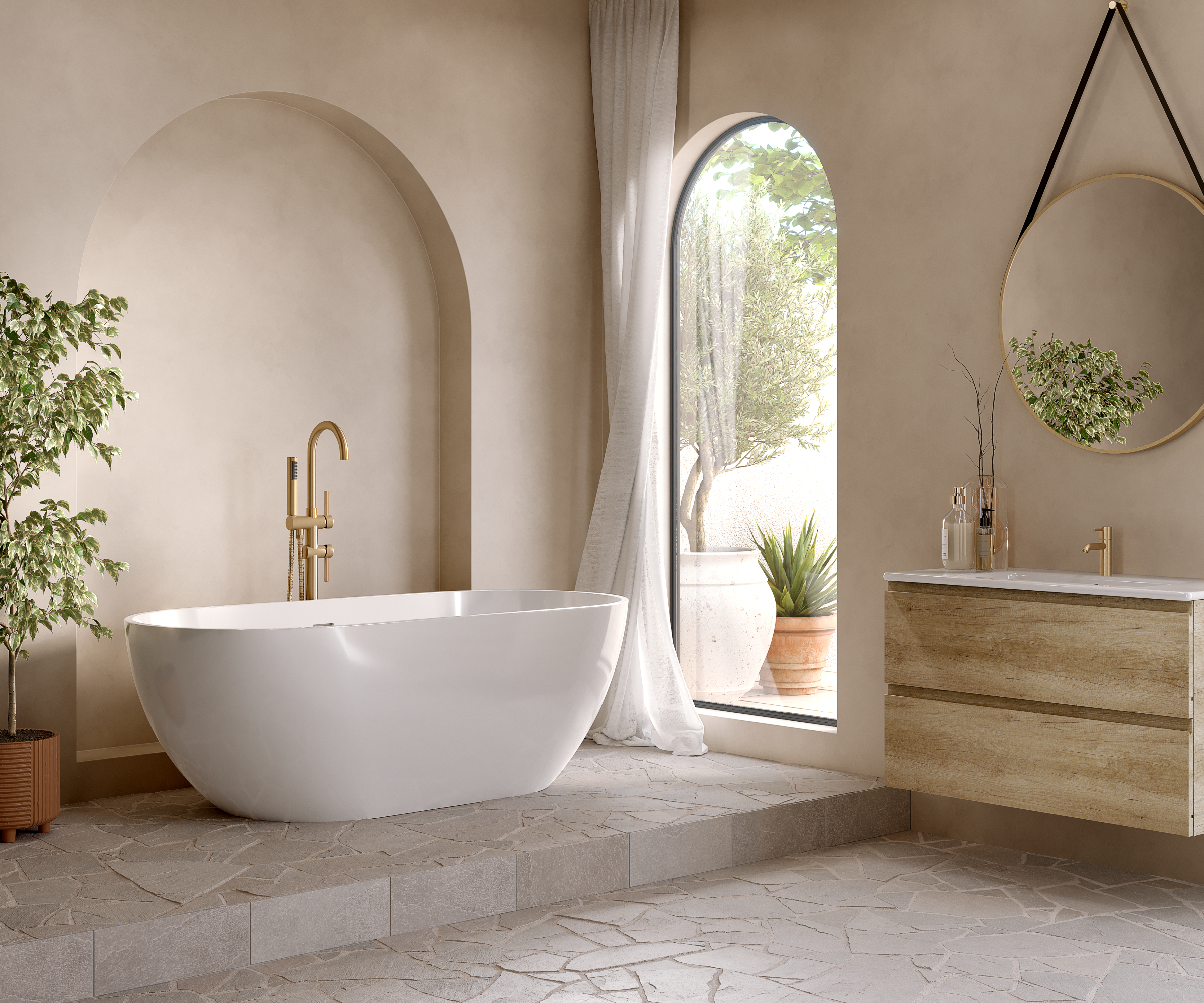 freestanding bath on raised tiled platform with arched window, wall mounted vanity unit and gold bath filler tap