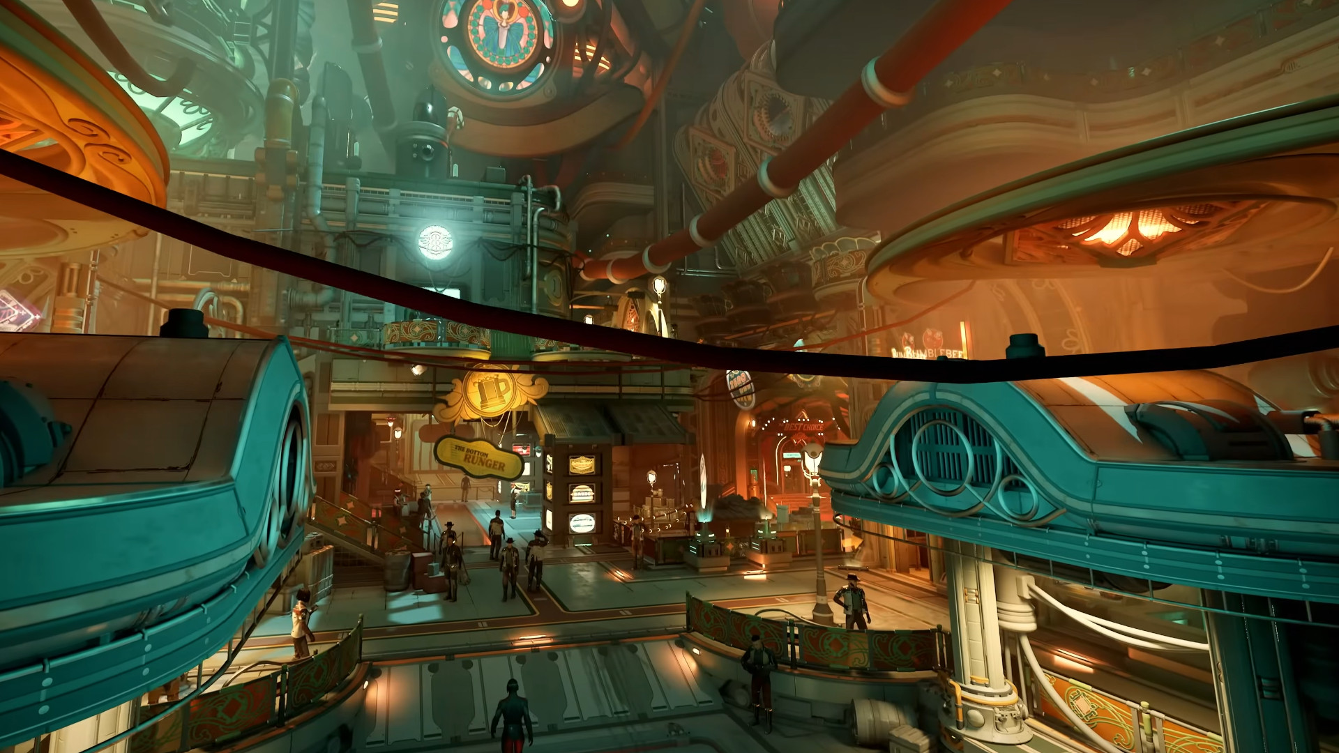 A Birdseye view of shopping district during the sci-fi RPG The Outer Worlds 2