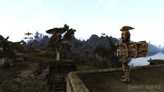 A guard in chitin armour surveys his surroundings in Tamriel Rebuilt.