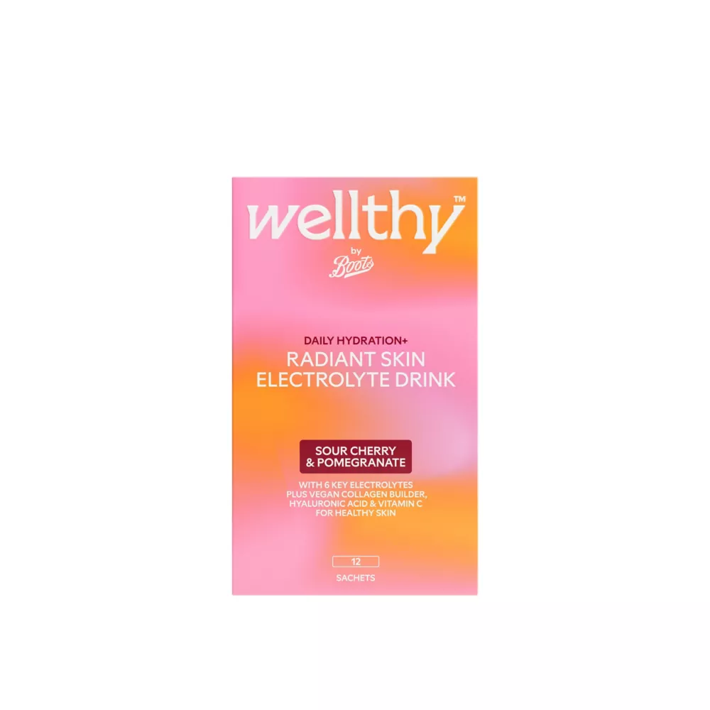 Wellthy by Boots Daily Hydration+ Sour Cherry &amp;amp; Pomegranate Flavour Radiant Skin With Vegan Collagen Builder Sachets 12s