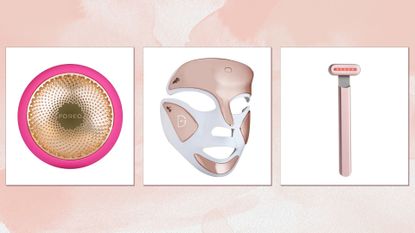 three red light therapy devices featured in this guide from Foreo, Dr. Dennis Gross, and Solawave, against a light pink backdrop