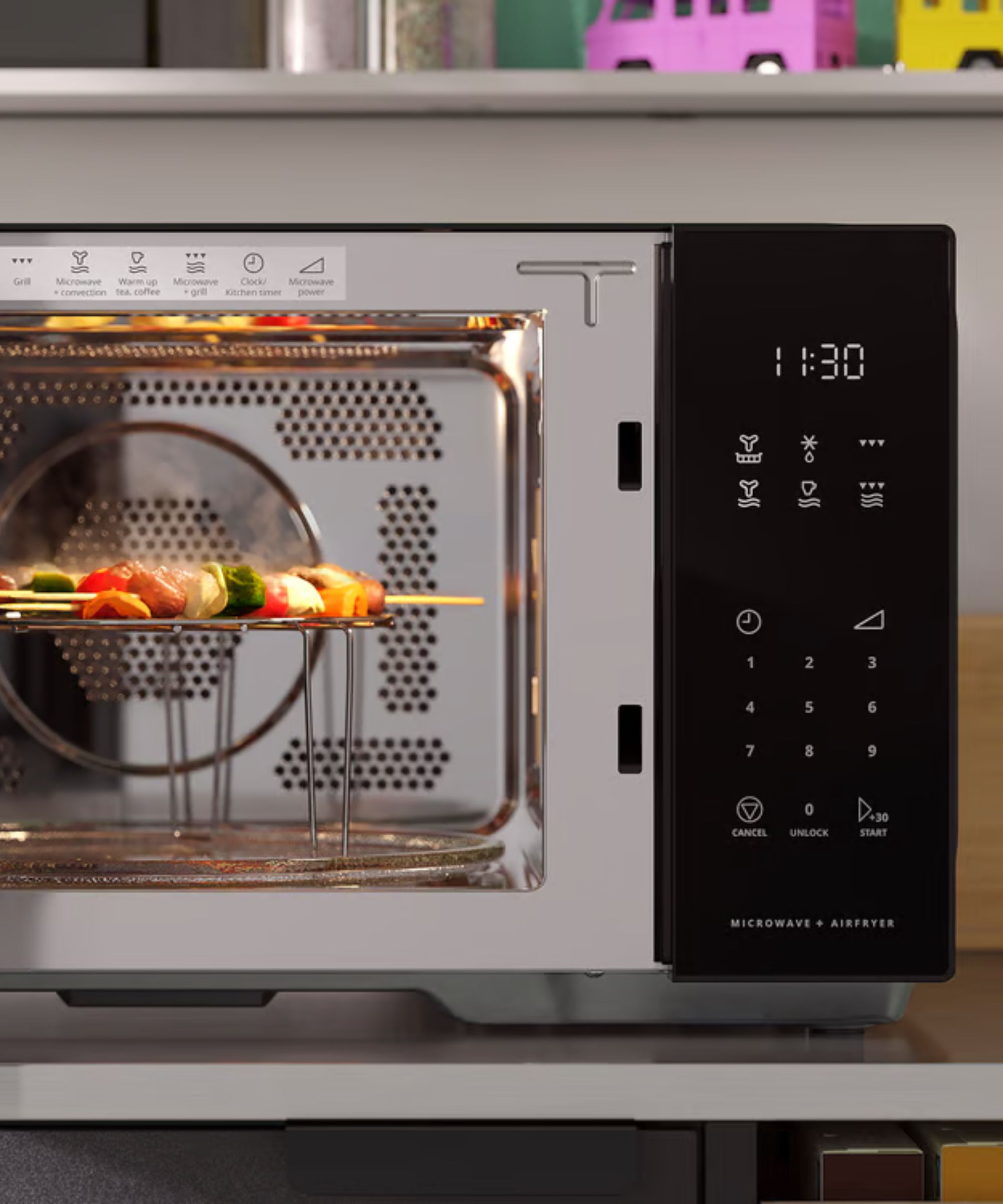 Microwave with vegetable skewers on air fryer rack
