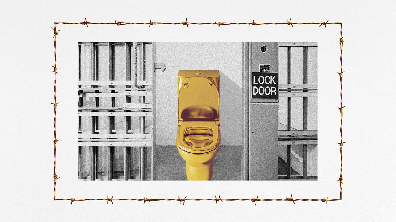 Photo collage of an open jail cell with a golden toilet inside. A decorative border of barbed wire surrounds the image.