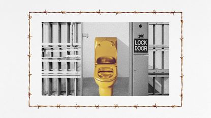 Photo collage of an open jail cell with a golden toilet inside. A decorative border of barbed wire surrounds the image.