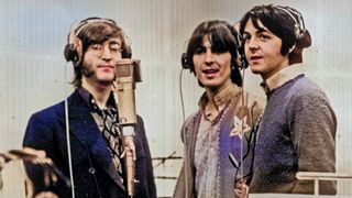 1968: Three Beatles; from left to right John Lennon (1940 - 1980), George Harrison (1943 - 2001) and Paul McCartney, record voices in a studio for their new cartoon film 'Yellow Submarine'.
