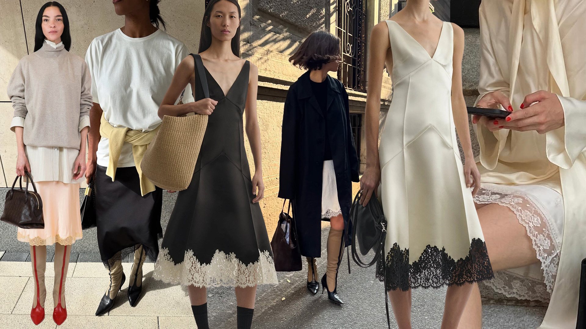 A collage of lookbook and Instagram imagery showcasing lace details in fashion for summer 2025.