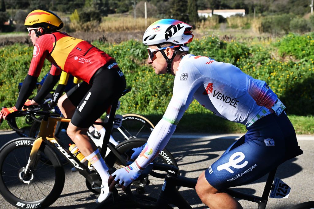 BELLEGARDE FRANCE FEBRUARY 05 LR Soren Waerenskjold of Norway and Team UnoX Mobility and Fabien Doubey of France and Team TotalEnergies compete during the 55th Etoile de Besseges Tour du Gard 2025 Stage 1 a 15907km stage Bellegarde to Bellegarde on February 05 2025 in Bellegarde France Photo by Billy CeustersGetty Images