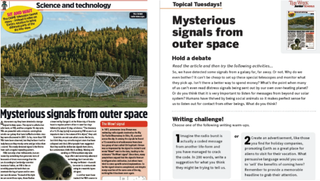 Magazine spread showing an article about signals from outer space.