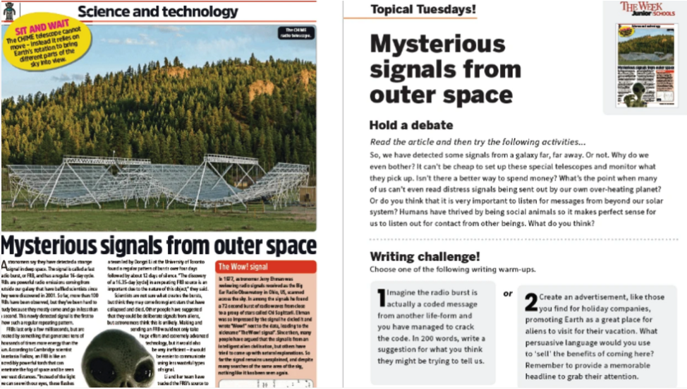 Magazine spread showing an article about signals from outer space.