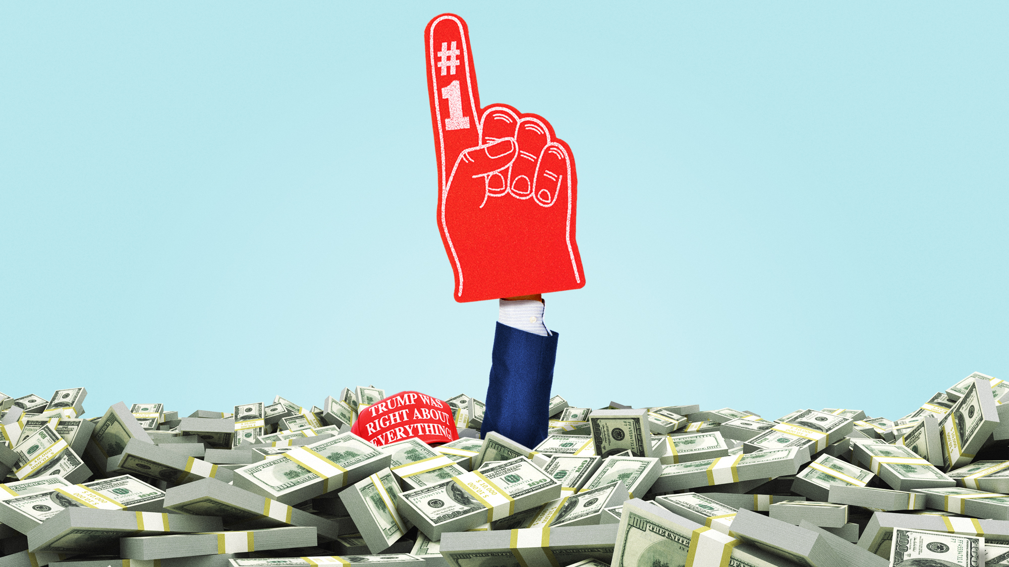 Illustration of Donald Trump holding up a Number One foam hand from beneath a huge pile of dollar bills