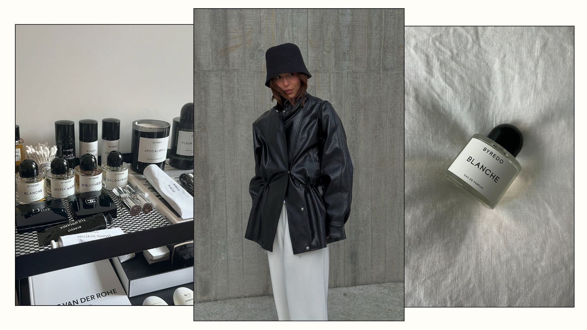 A picture of Byredo perfumes, a woman in a black leather jacket and Byredo Blanche on a white linen background