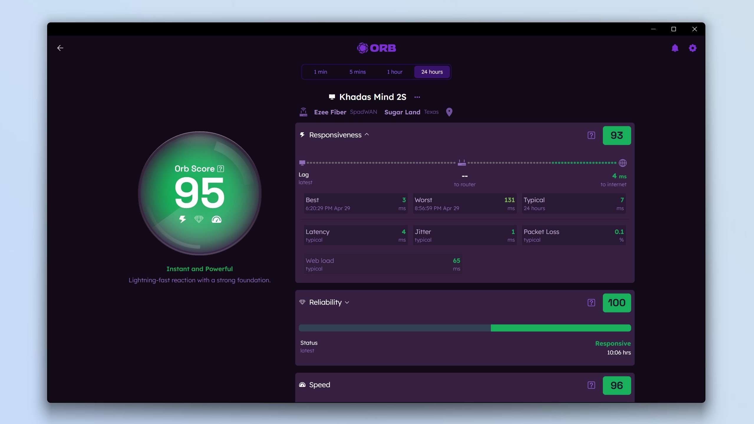 A screenshot showing an expanded view of the Responsiveness section in the Orb app