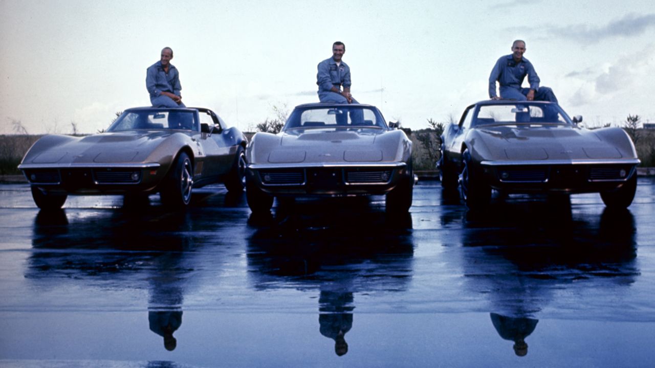 The crew of Apollo 12, NASA's second manned mission to the moon, from left, astronauts Charles 'Pete' Conrad Jr. (1930 - 1999), Richard Francis Gordon Jr., and Alan LaVern Bean, as they sit on their Chevrolet Corvette Stingrays, Cocoa Beach, Florida, September 23, 1969.