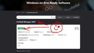 Football Manager 2024 listing on the Works on Windows on Arm site