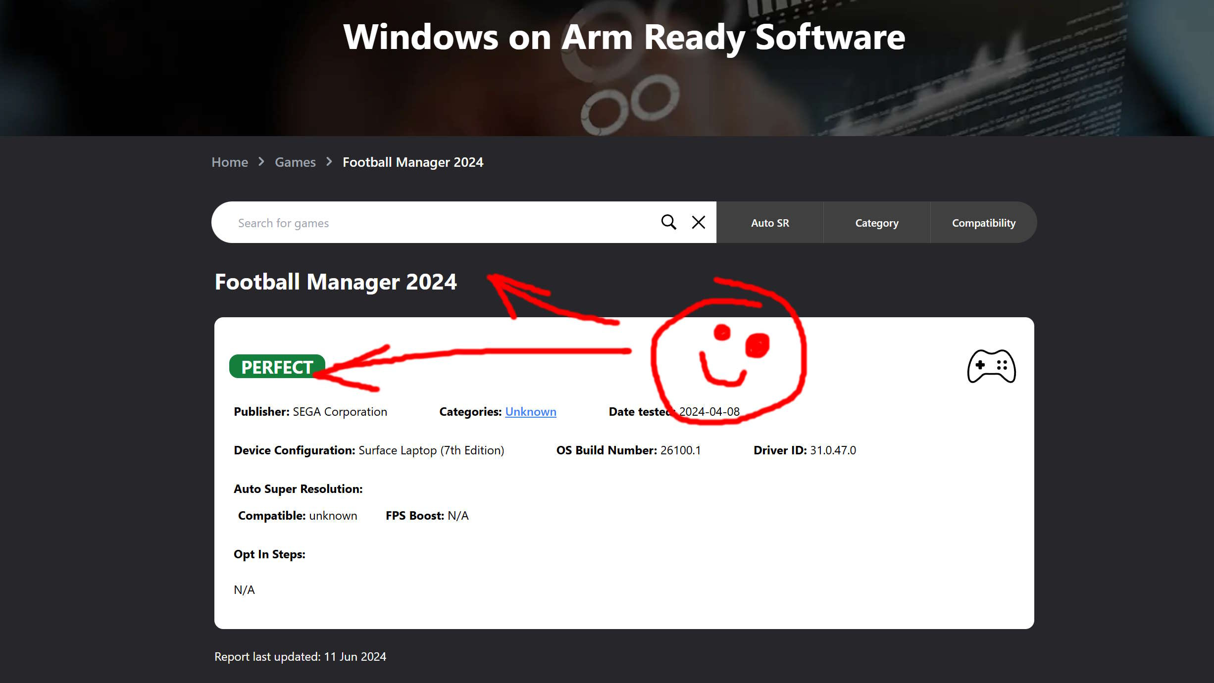 Football Manager 2024 listing on the Works on Windows on Arm site