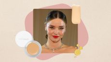 Miranda Kerr smiling with a sleek, low brunette bun and wearing red lipstick, on a beige background with pink cut-out, RMS Beauty Concealer, foundation swatch and oil droplets