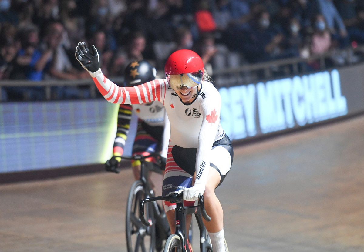 Picture by Simon Wilkinson/SWpix.com - 06/11/2021 - Cycling - UCI Track Champions League Round 1 - Mallorca / Vel&Atilde;&sup2;drom Illes Balears, Palma, Spain - Canada's Kelsey Mitchell wins the women's Keirin final.