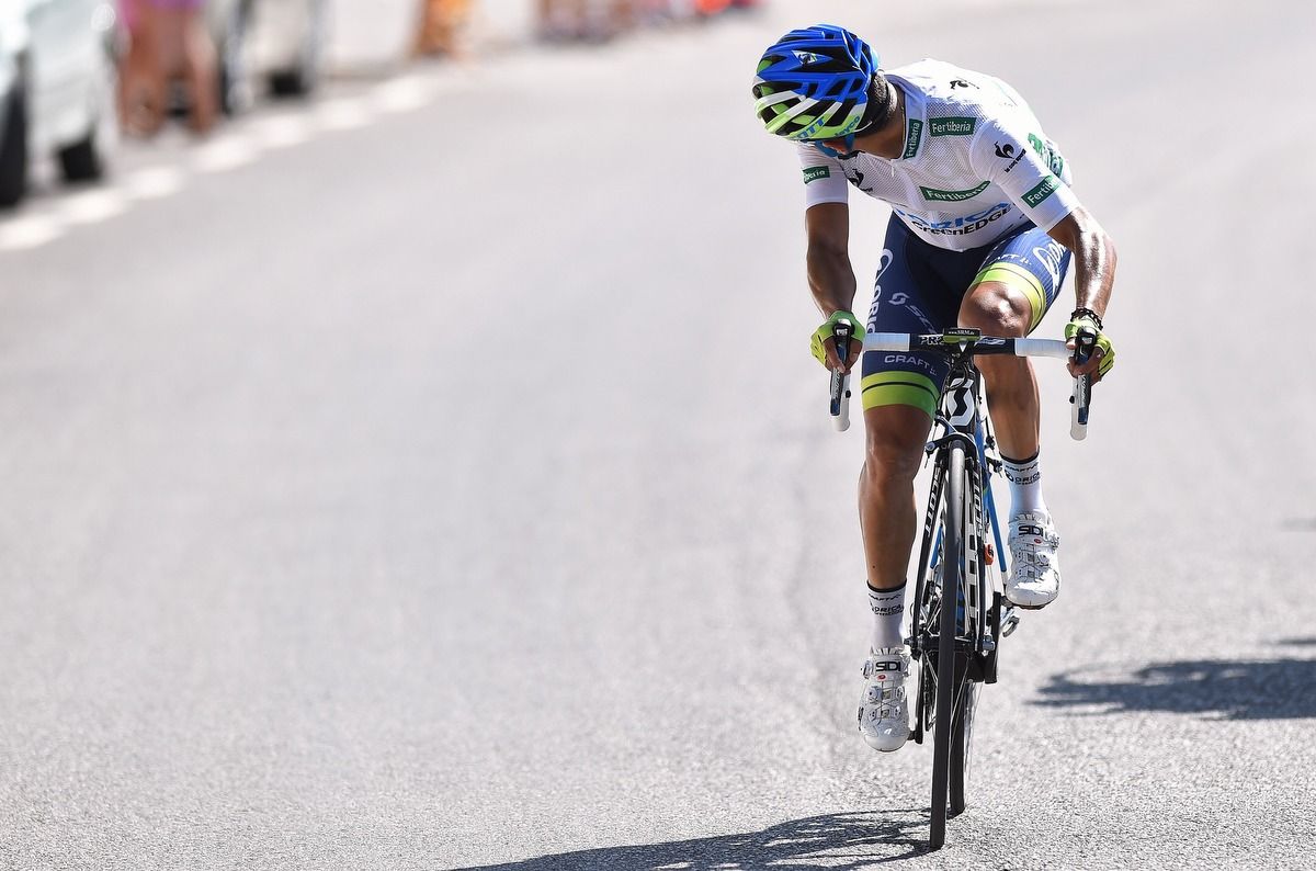 Esteban Chaves (Orica-GreenEdge) looks back and sees daylight as he rides to stage 6 victory