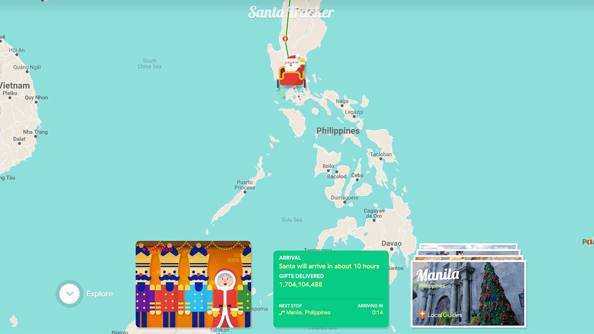 Google Санта-трекер, показывающий Санту на Филиппинах
