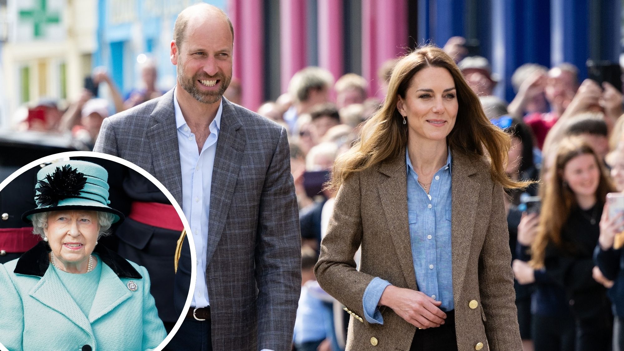A composite of a roundel of Queen Elizabeth and a picture of Prince William and Kate Middleton in Tobermory, Scotland in 2025