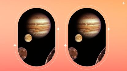 jupiter direct 2022 feature image; an orange background with two circular photos of jupiter and other nearby planets