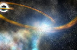 Scientists used NASA's TESS space telescope to spot a star being shredded by a supermassive black hole. This artist’s conception depicts the star being torn apart into a thin stream of gas that is pulled around the black hole before crashing back into the star, kicking off more material. 